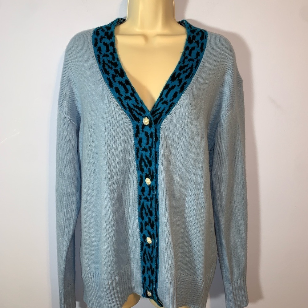 Noracora light blue wool Cardigan with Leopard Trim v neck medium